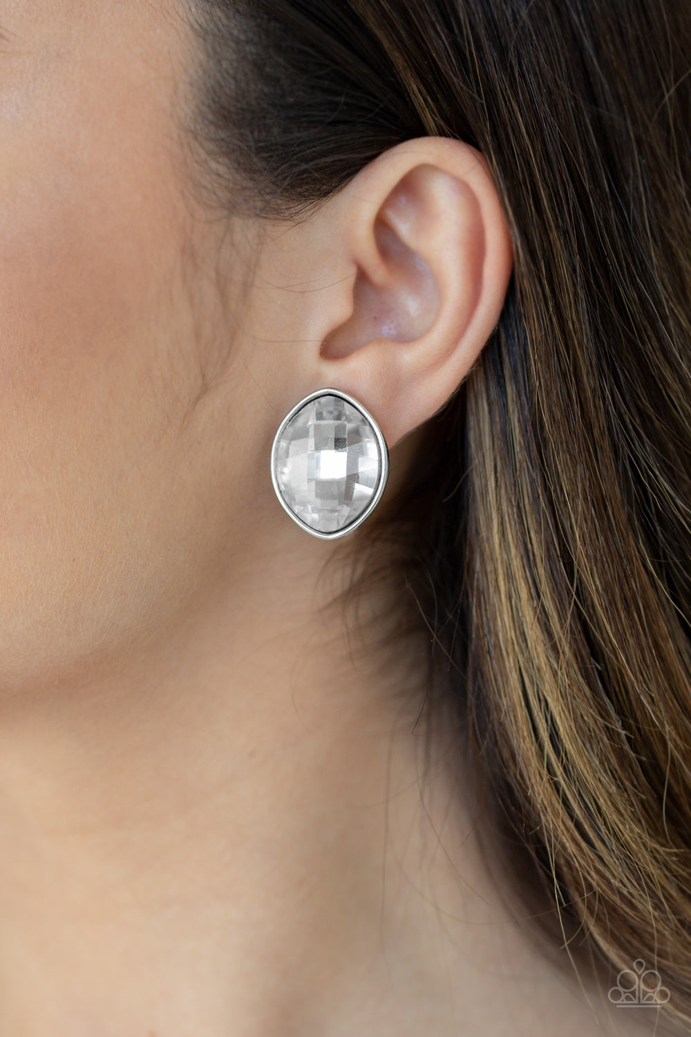 Movie Star Sparkle - White Clip-on Earrings - VJ Bedazzled Jewelry